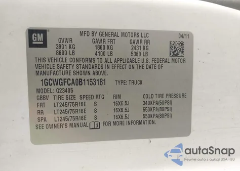 2011 Chevrolet Express 2500 Work Van из США, поврежденный, VIN 1GCWGFCA0B1153181